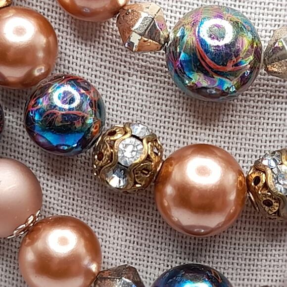 Vintage 1950s Iridescent Faux Pearl Beaded Necklace, Rhinestone Beads, 15 Inches - Picture 4 of 11